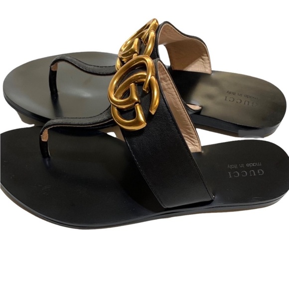 GG Gucci Marmont Black Leather Sandals - Picture 2 of 12